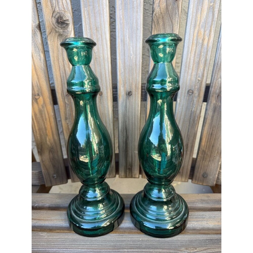 Pair of Vintage 12" Emerald Green Recycled Glass Baluster Candlestick Holders